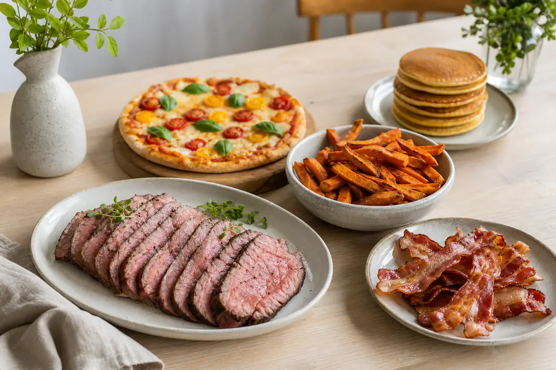 Bord med roastbeef, pizza, sprød bacon, søde kartofler og små pandekager