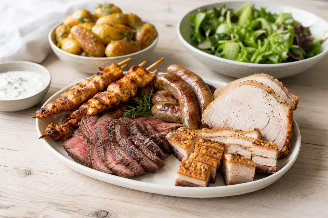 Kyllingespyd, flanksteak, pølser, ribbensteg og stegt flæsk med kartofler og salat