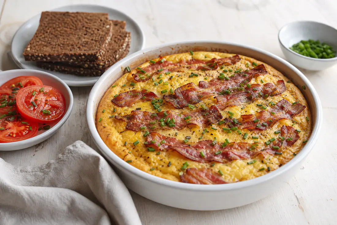 Gylden æggekage i en rund form med sprød bacon, frisk purløg og tomatskiver ved siden af rugbrød