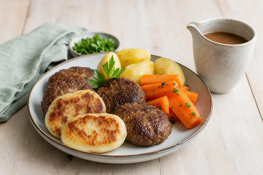 Fiskefrikadeller og kødkager med kartofler, gulerødder og brun sovs
