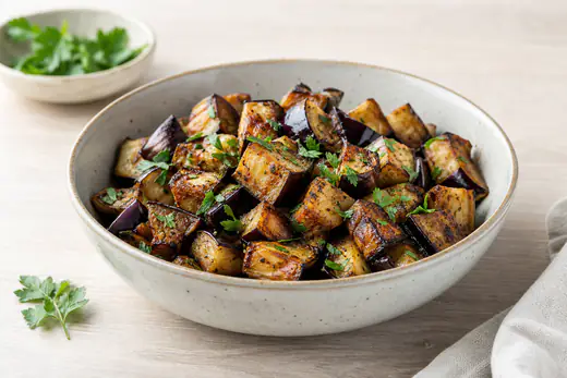 Ristede auberginetern med brune kanter og friske krydderurter i en skål