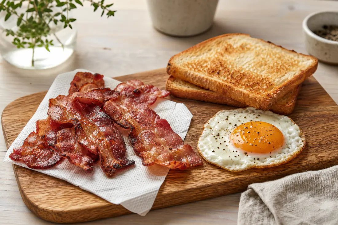 Sprøde, gyldenbrune baconskiver på køkkenrulle på et træbræt med spejlæg og ristet brød
