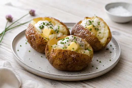 Flækkede bagekartofler med sprød skræl, smørklat, creme fraiche og purløg på en tallerken