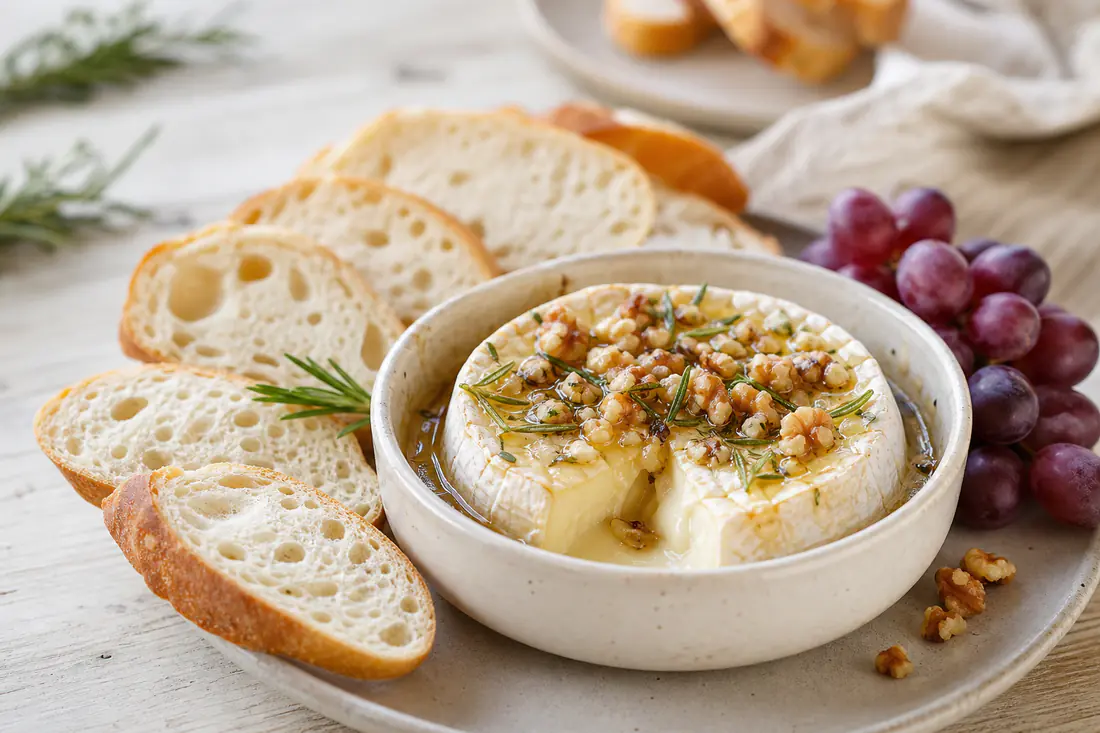 Bagt camembert med flydende midte, honning, rosmarin og valnødder i en lille form med baguette og druer ved siden af
