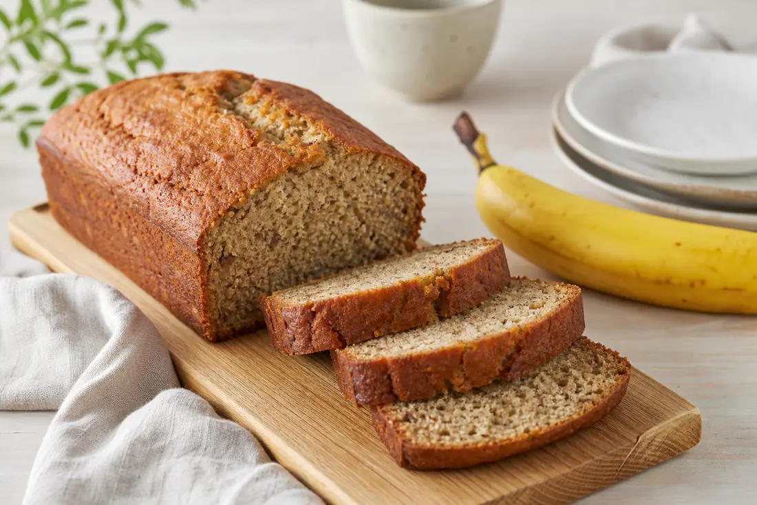 Banankage med gyldenbrun skorpe skåret i skiver på et bræt med en moden banan ved siden af
