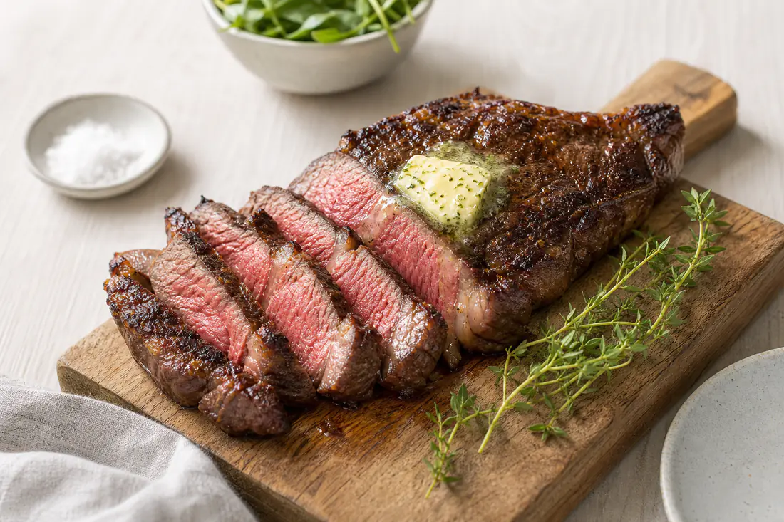 Skåret entrecote med rosa midte og brunet skorpe på et træbræt med timian og smør
