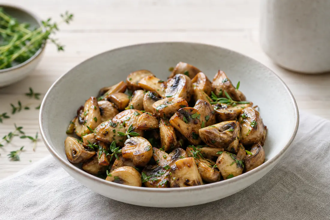 Gyldenristede halve champignon med timian og hakket persille i en skål