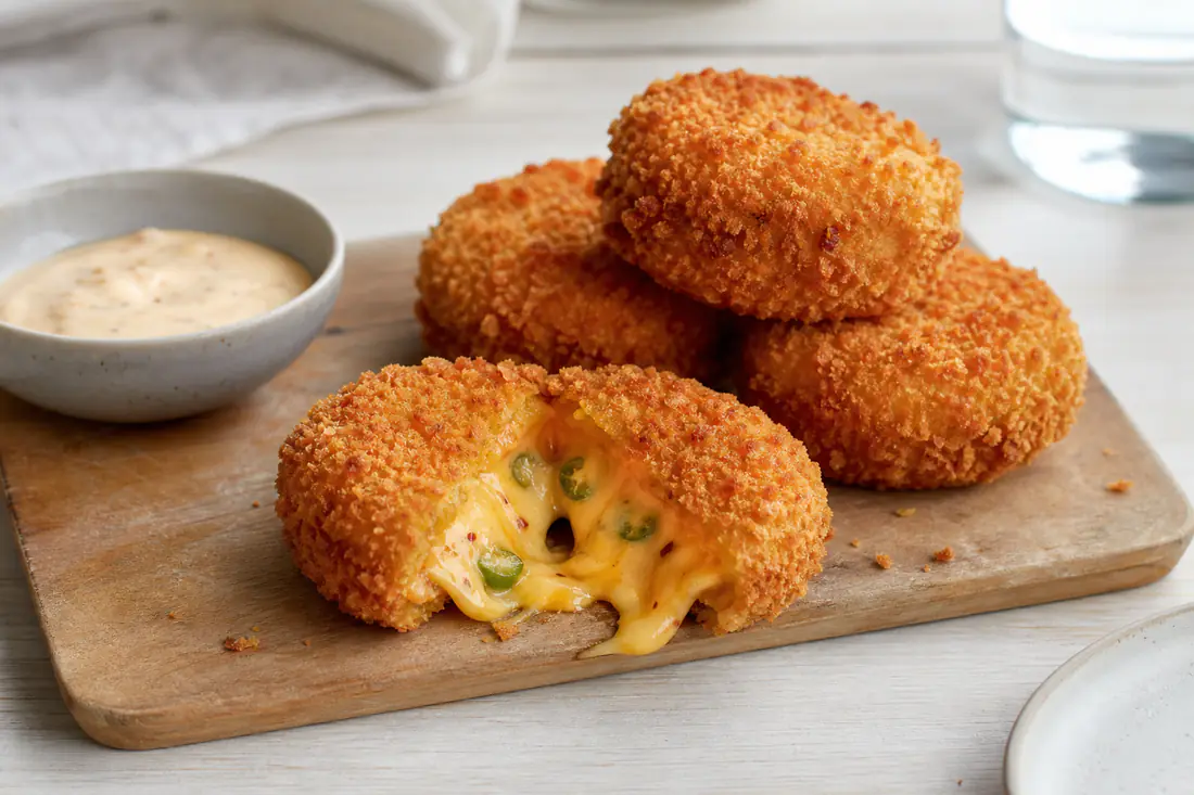 Gyldne, sprøde chili cheese tops på et bræt, hvor en er brækket over og viser smeltet ost med jalapeño, og en skål dip ved siden af