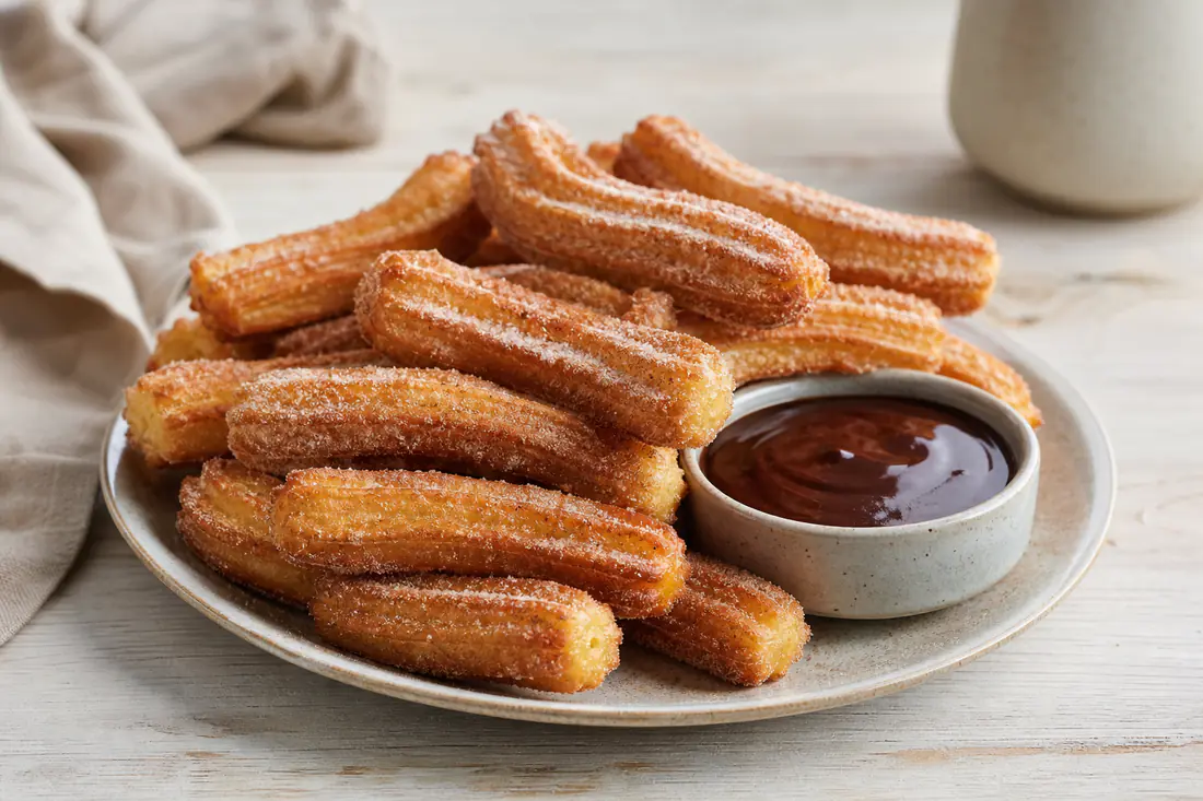 Gyldne churros rullet i kanelsukker på et fad med en lille skål mørk chokoladesauce ved siden af