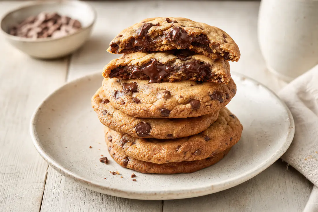 Gyldne chokoladecookies med smeltede chokoladestykker stablet på et fad, hvor en cookie er brækket over