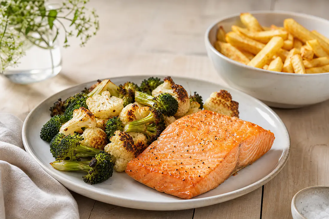 Ristet broccoli, blomkål og et stykke laks på en tallerken ved siden af en skål med gyldne kartoffelstave
