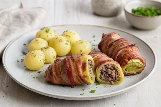 Farseret porre svøbt i sprød bacon, halveret så farsen ses, serveret på en tallerken med kartofler