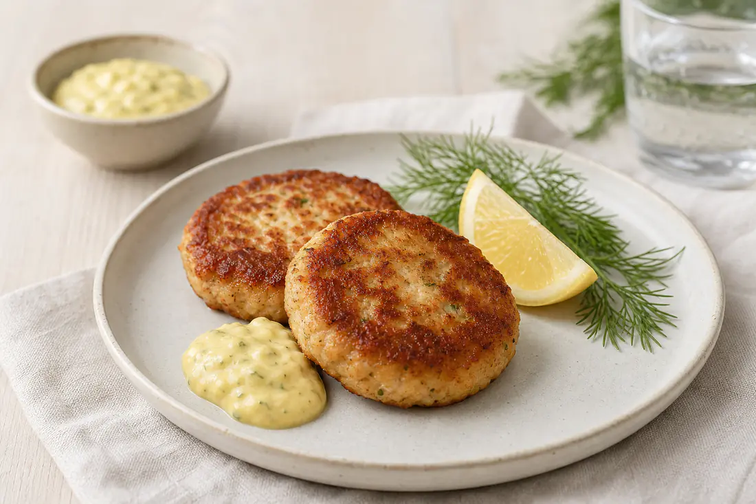 Gyldenbrune fiskefrikadeller på en tallerken med remoulade, citronbåd og frisk dild