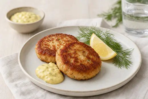 Gyldenbrune fiskefrikadeller på en tallerken med remoulade, citronbåd og frisk dild