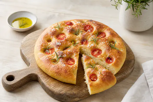 Rund focaccia med gylden skorpe, rosmarin, flagesalt og halverede cherrytomater, hvor et stykke er skåret ud