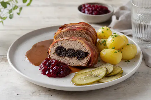 Forloren hare med sprød bacon skåret i tykke skiver med svesker i midten, serveret med kartofler, brun sovs og ribsgelé