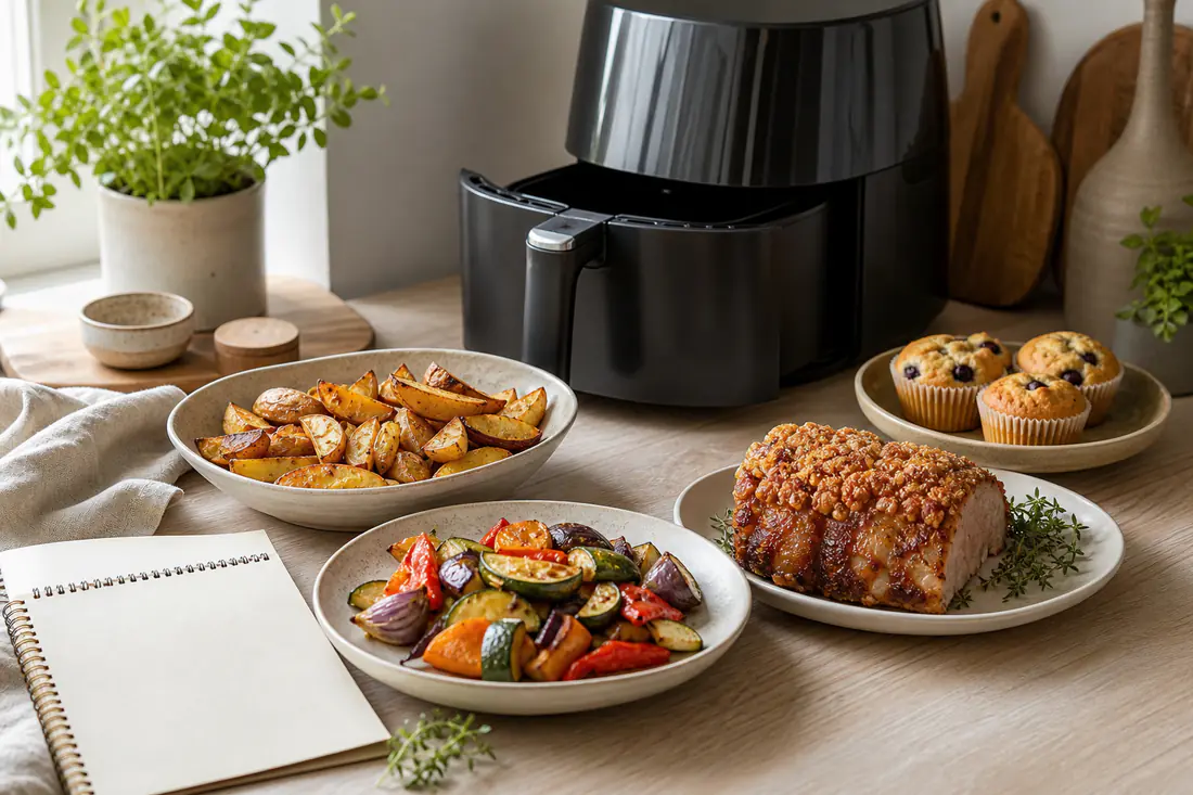 Airfryer på et køkkenbord med kartoffelbåde, ristede grøntsager, flæskesteg og muffins