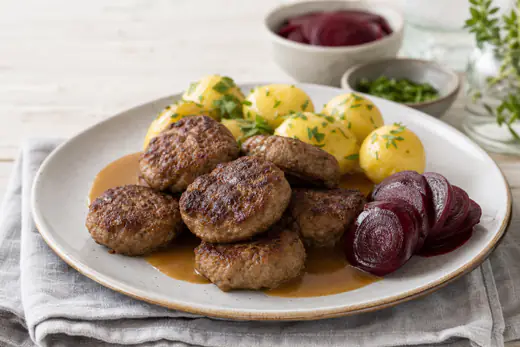 Brune, hjemmelavede frikadeller på et fad med kartofler, brun sovs og syltede rødbeder