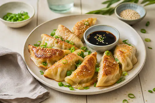 Gyldne, sprøde gyoza på en tallerken med skål sojadip, forårsløg og sesamfrø