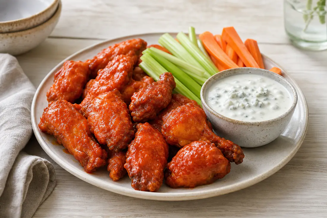 Blanke, rødorange hot wings med buffalosauce på et fad med bladselleri, gulerodsstave og en skål blåskimmeldip