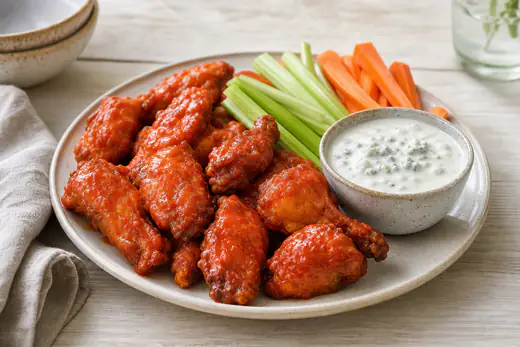 Blanke, rødorange hot wings med buffalosauce på et fad med bladselleri, gulerodsstave og en skål blåskimmeldip