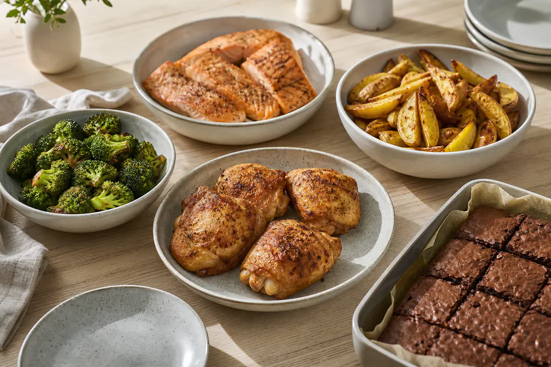 Bord med flere retter fra airfryeren, bl.a. kyllingelår, laksestykker, kartoffelbåde, broccoli og brownies