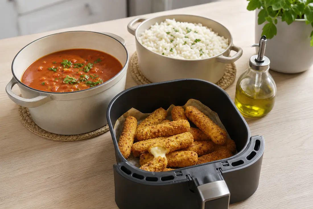 Airfryerkurv med gyldne panerede mozzarellasticks ved siden af en gryde med suppe, en gryde med kogte ris og en lille olieflaske med pumpe