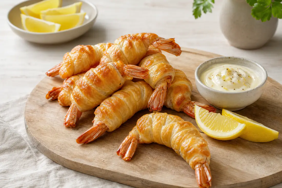 Gyldne rejer indpakket i spiralviklet butterdej på et bræt med citronmayo og citronbåde