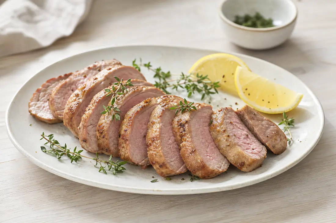 Skiveskåret kalvefilet med lyserosa midte og let stegeskorpe på en tallerken med citronbåde og timian