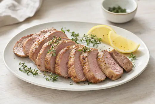 Skiveskåret kalvefilet med lyserosa midte og let stegeskorpe på en tallerken med citronbåde og timian