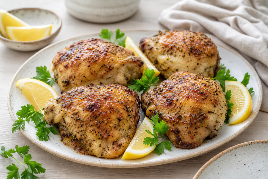 Fire kyllingeoverlår med sprødt, gyldent skind og krydderier serveret på et fad med citron og persille