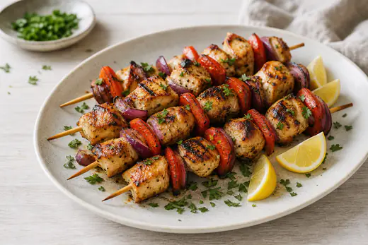 Grillede kyllingespyd med rød peberfrugt og rødløg på et fad med citronbåde og frisk persille