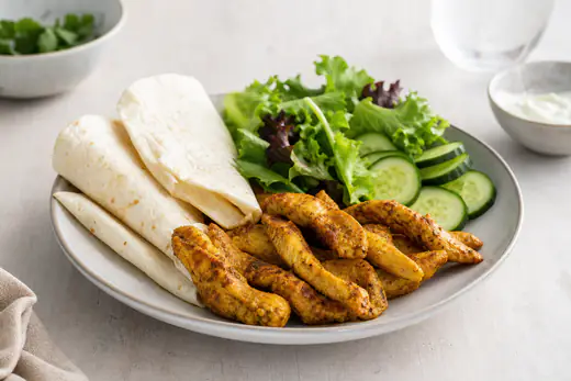Gyldne marinerede kyllingestrimler på en tallerken med wraps, salat og agurk