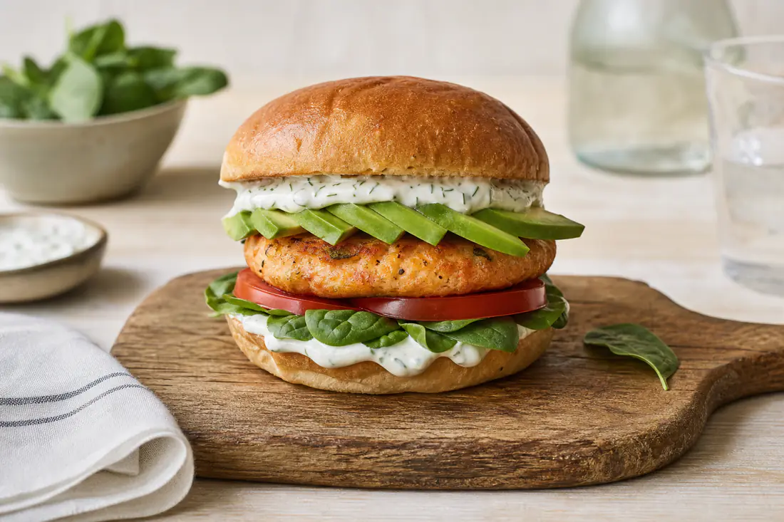 Lakseburger med gylden laksebøf, avocado, tomat, spinat og dildcreme i en burgerbolle på et bræt