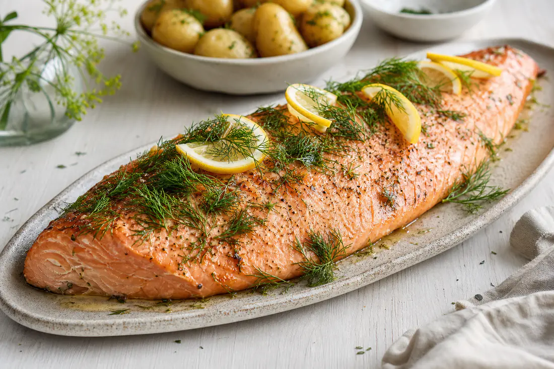 Hel lakseside med frisk dild og citronskiver på et aflangt fad med kartofler i baggrunden