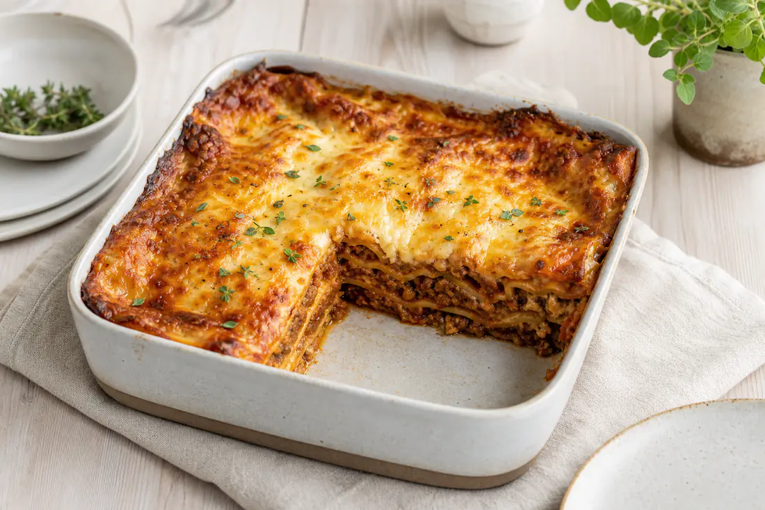 Lille lasagne med gylden ostekant i en firkantet ovnfast form, delvist skåret så lagene ses