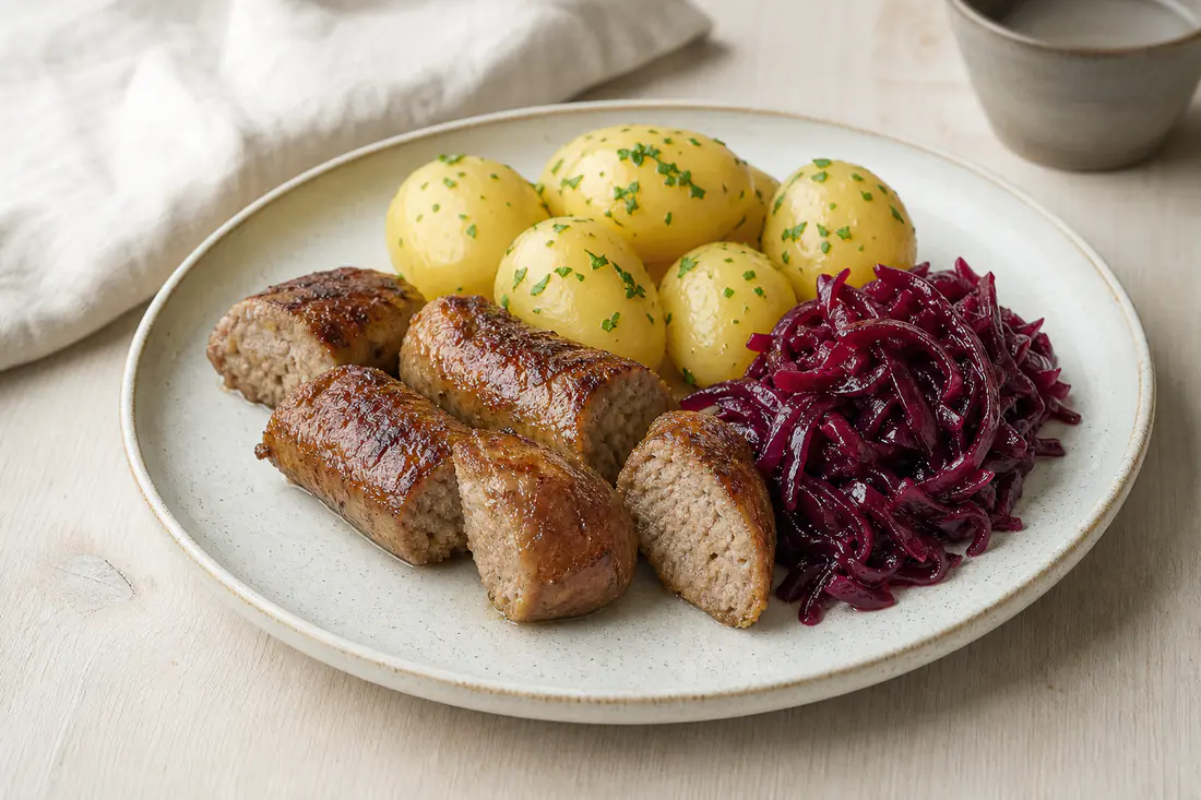 Brunet medisterpølse skåret i stykker på en tallerken med kogte kartofler og rødkål