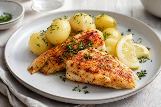 Stegte mørksejfileter med paprika og timian på en tallerken med citronbåde og kogte kartofler