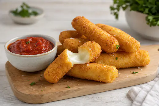 Gyldne mozzarellasticks på et bræt, hvor én er brækket over med trækkende ost, og en skål tomatsauce