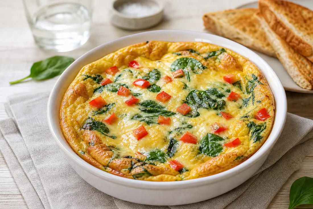 Luftig, gylden omelet med peberfrugt, spinat og smeltet ost i en lille rund bageform, serveret med ristet brød