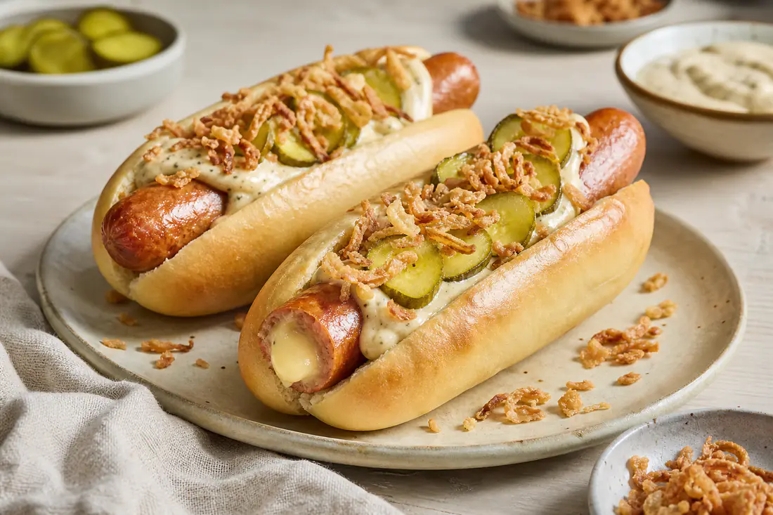 Gyldne ostepølser i hotdogbrød med remoulade, ristede løg og agurkesalat, hvor smeltet ost ses i pølsen