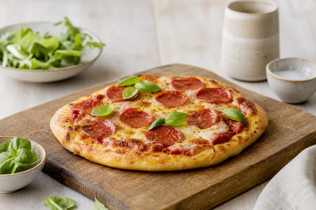 Lille hjemmebagt pizza med pepperoni, boblende mozzarella og frisk basilikum på et skærebræt af træ