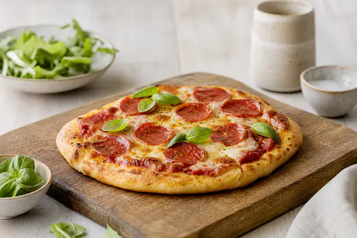 Lille hjemmebagt pizza med pepperoni, boblende mozzarella og frisk basilikum på et skærebræt af træ
