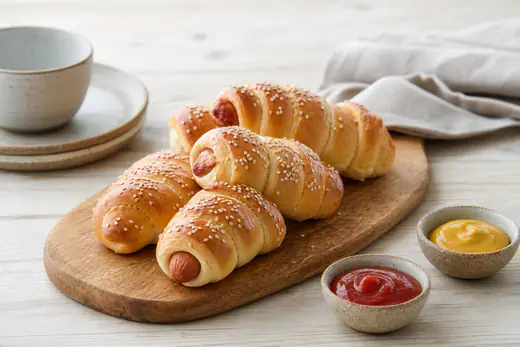 Gyldne pølsehorn med sesamfrø og cocktailpølse i midten, serveret på et bræt med sennep og ketchup