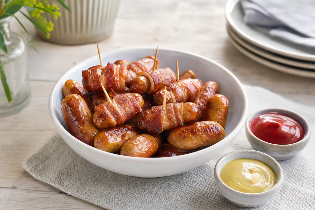 Små gyldenbrune cocktailpølser, nogle svøbt i bacon, i en skål med ketchup og sennep ved siden af