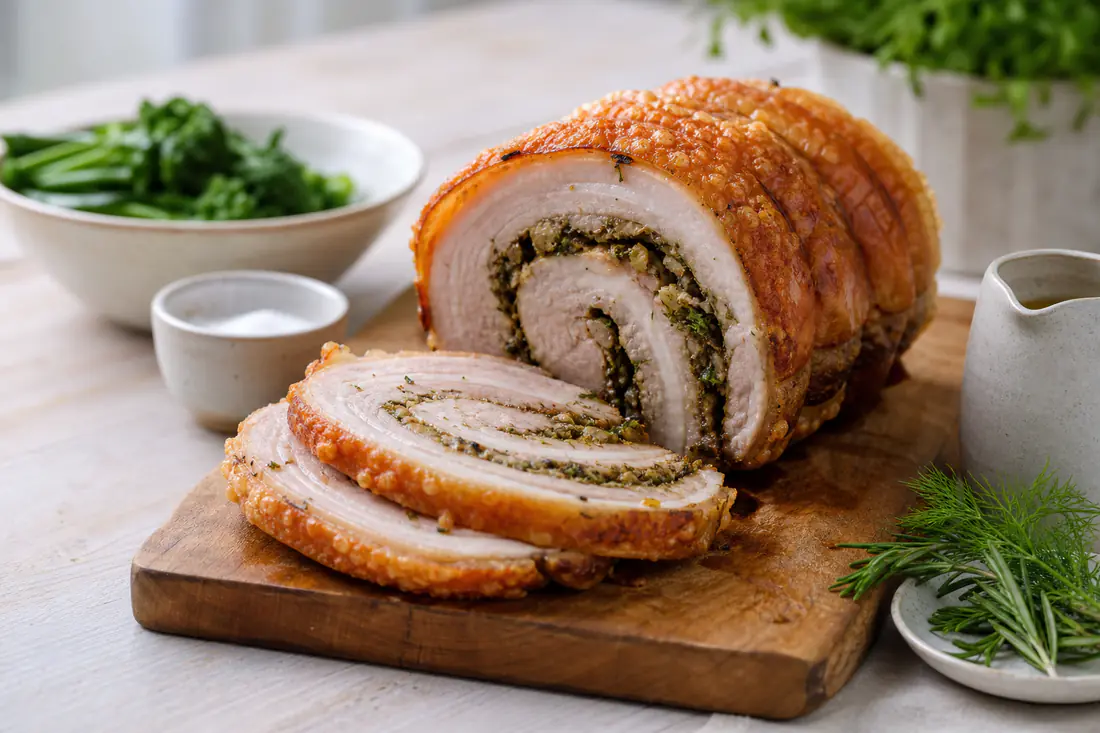 Skåret porchetta af rullet svinebryst med grøn urtefyld og sprød, gyldenbrun svær på et skærebræt