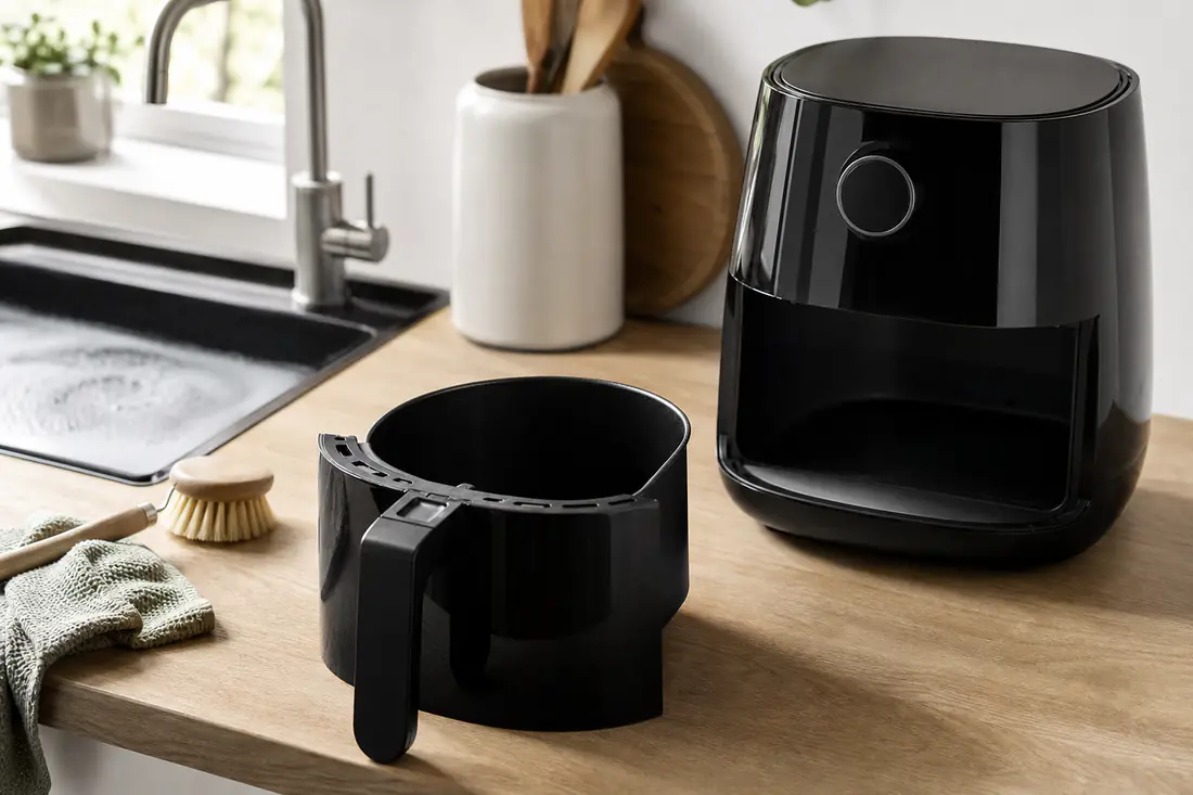 Airfryer med udtaget kurv ved siden af en balje med sæbevand og en blød opvaskebørste