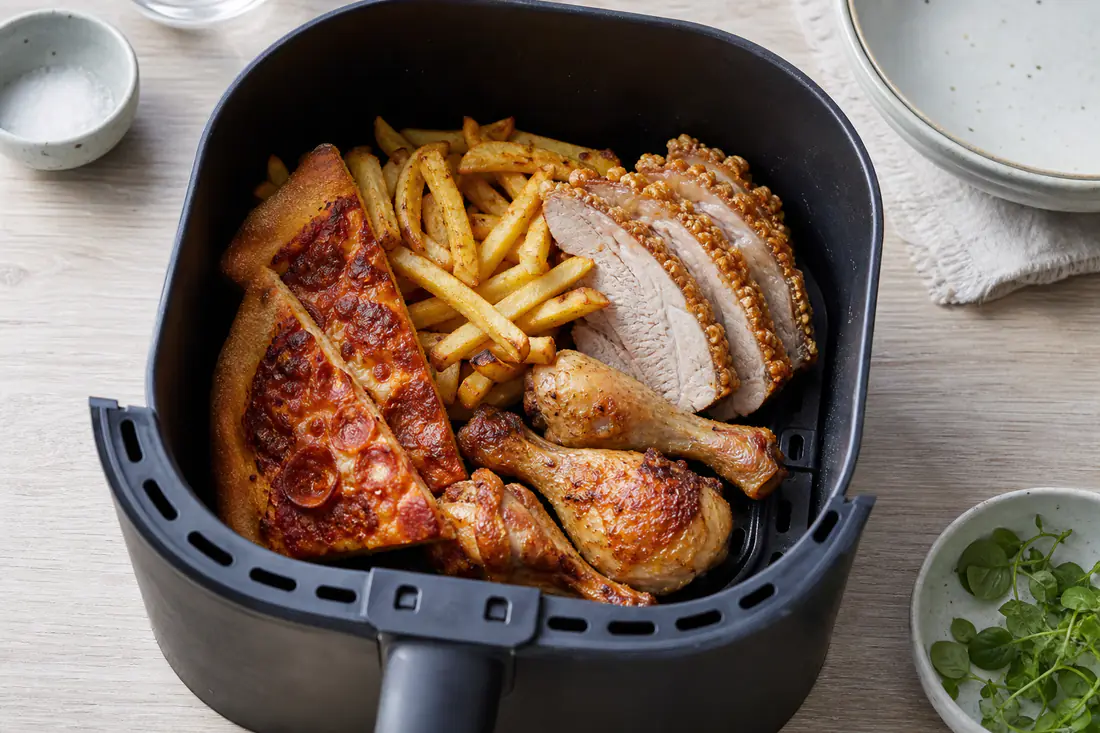 Genopvarmede rester i en airfryerkurv med pizzastykker, pommes frites, skiver af flæskesteg med sprød svær og kyllingelår