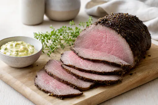 Rosa roastbeef skåret i tynde skiver på et skærebræt med brun stegeskorpe, frisk timian og en skål remoulade