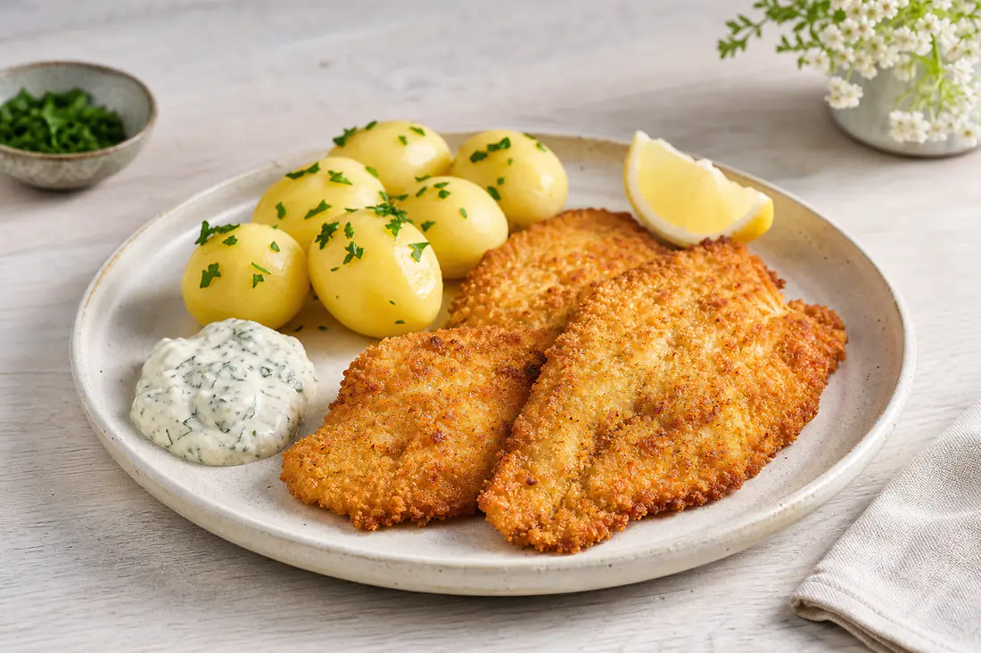Gyldne panerede rødspættefileter med nye kartofler, persillesovs og citronbåd på en tallerken